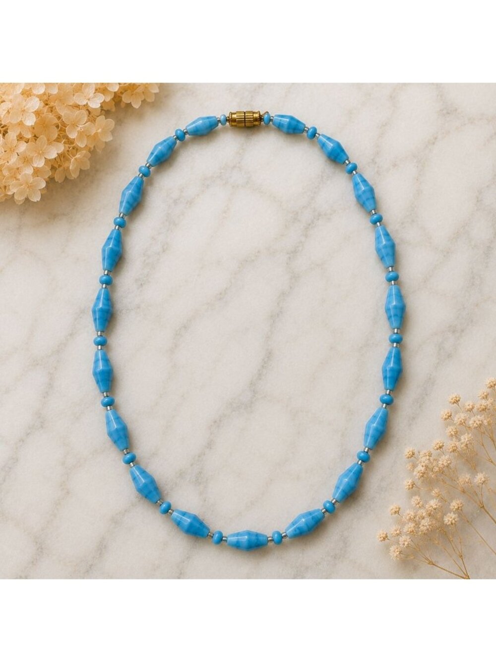 Vintage 1960s Sky Blue Glass Bead Necklace Made in India New Old Stock